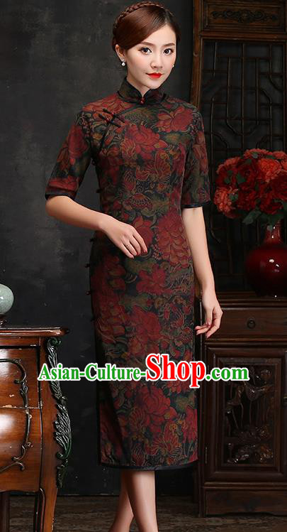 Traditional Chinese Printing Lotus Silk Cheongsam Mother Tang Suit Qipao Dress for Women