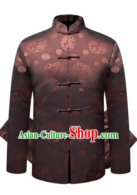 Traditional Chinese Dragon Pattern Brown Brocade Cotton Padded Coat New Year Tang Suit Overcoat for Old Men