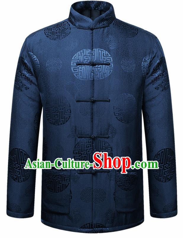 Traditional Chinese Lucky Pattern Navy Brocade Cotton Padded Coat New Year Tang Suit Overcoat for Old Men