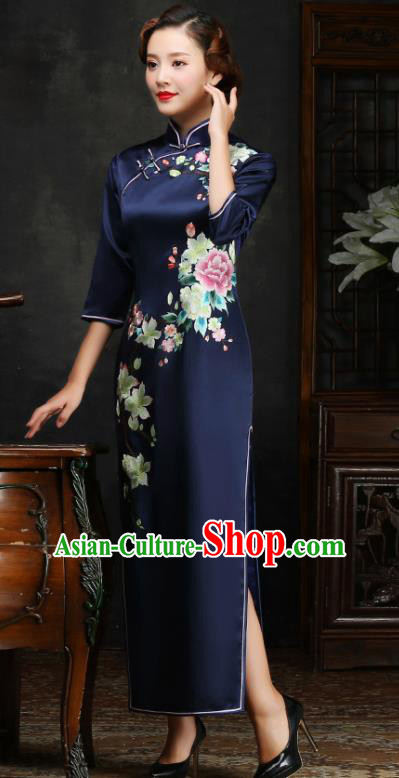 Traditional Chinese Embroidered Peony Navy Silk Cheongsam Mother Tang Suit Qipao Dress for Women