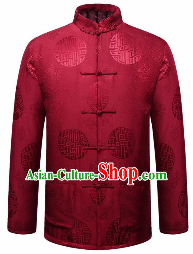 Traditional Chinese Lucky Pattern Red Brocade Cotton Padded Coat New Year Tang Suit Overcoat for Old Men