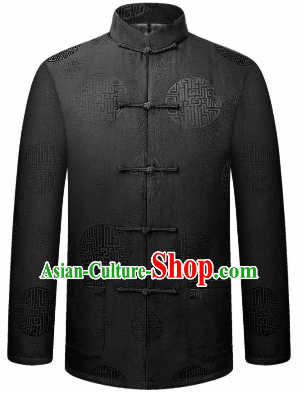 Traditional Chinese Lucky Pattern Black Brocade Cotton Padded Coat New Year Tang Suit Overcoat for Old Men