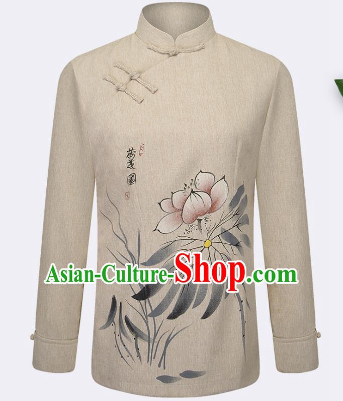 Traditional Chinese Tang Suit Printing Lotus Beige Blouse Tai Chi Training Costumes for Old Women