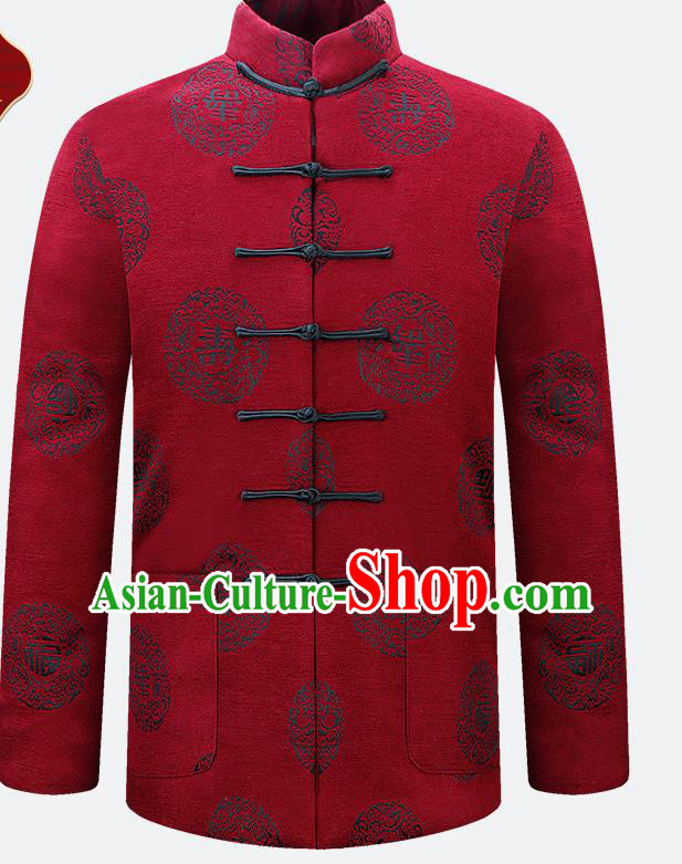 Traditional Chinese Red Velvet Cotton Wadded Jacket New Year Tang Suit Overcoat for Old Men