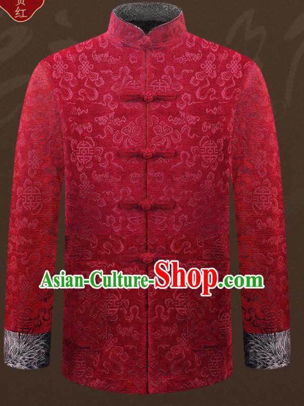 Traditional Chinese Wine Red Velvet Cotton Wadded Jacket New Year Tang Suit Overcoat for Old Men