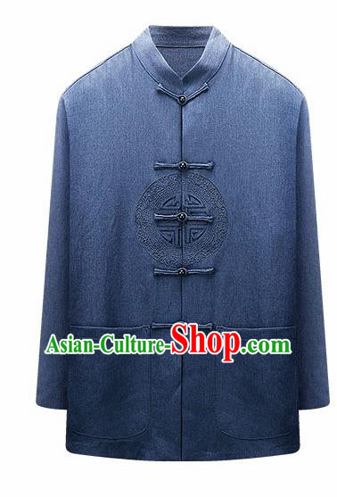 Traditional Chinese Blue Woolen Jacket New Year Tang Suit Overcoat for Old Men