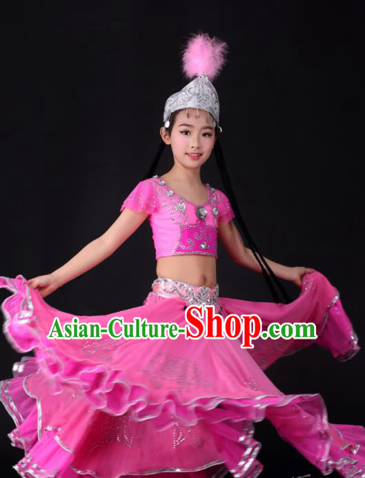 Traditional Chinese Child Xinjiang Uyghur Minority Rosy Dress Ethnic Folk Dance Costume for Kids