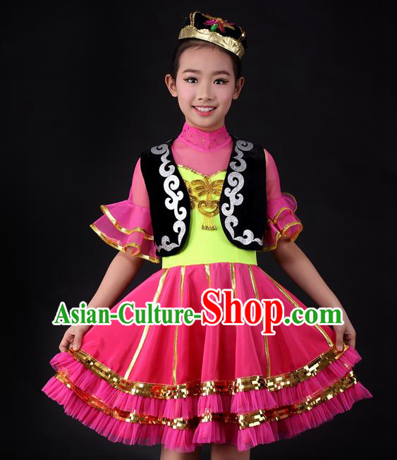 Traditional Chinese Child Xinjiang Uyghur Nationality Rosy Dress Ethnic Minority Folk Dance Costume for Kids