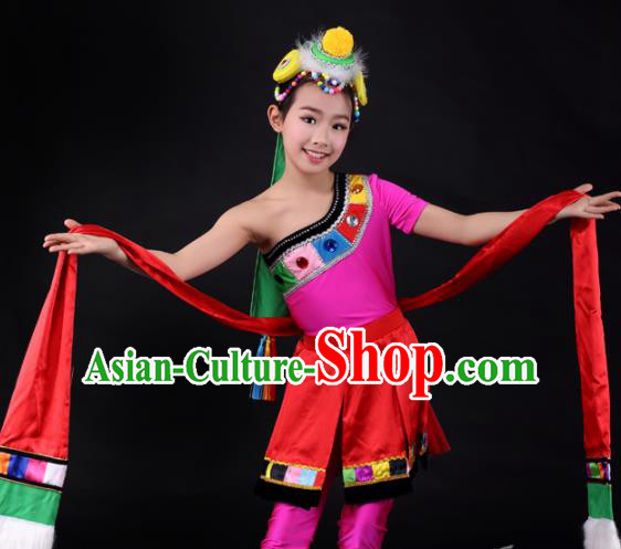 Traditional Chinese Child Zang Nationality Red Dress Ethnic Minority Folk Dance Costume for Kids