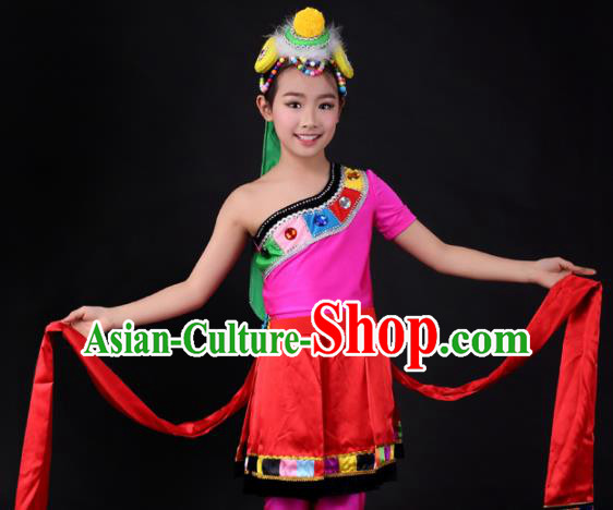 Traditional Chinese Child Zang Nationality Red Dress Ethnic Minority Folk Dance Costume for Kids