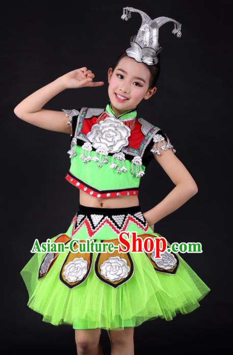 Traditional Chinese Child Miao Nationality Green Short Skirt Ethnic Minority Folk Dance Costume for Kids