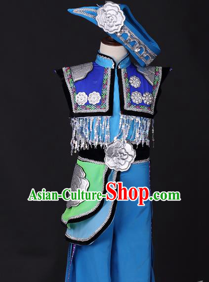 Traditional Chinese Child Miao Nationality Clothing Ethnic Minority Folk Dance Costume and Headpiece for Kids