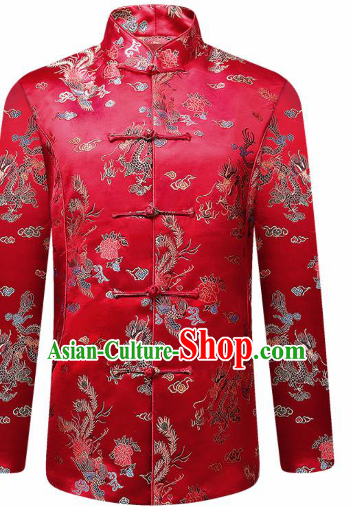 Traditional Chinese Red Cotton Wadded Jacket New Year Tang Suit Overcoat for Old Men