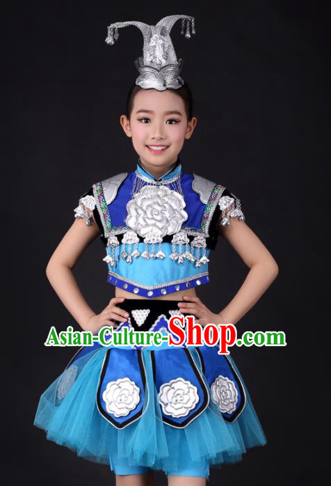 Traditional Chinese Child Miao Nationality Blue Skirt Ethnic Minority Folk Dance Costume and Headpiece for Kids