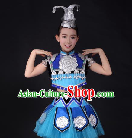 Traditional Chinese Child Miao Nationality Blue Skirt Ethnic Minority Folk Dance Costume and Headpiece for Kids