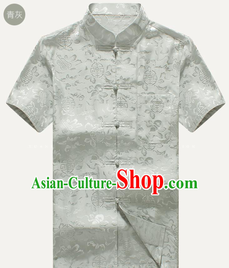 Traditional Chinese Tang Suit Light Grey Silk Shirt Tai Chi Training Costumes for Old Men