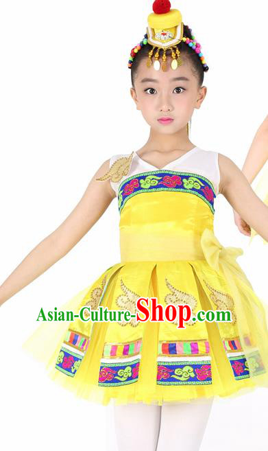 Traditional Chinese Child Mongol Nationality Yellow Dress Ethnic Minority Folk Dance Costume for Kids