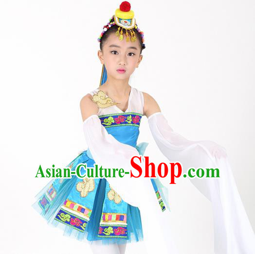 Traditional Chinese Child Mongol Nationality Blue Dress Ethnic Minority Folk Dance Costume for Kids