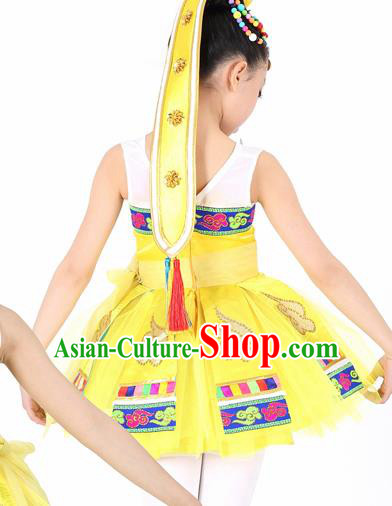 Traditional Chinese Child Mongol Nationality Yellow Dress Ethnic Minority Folk Dance Costume for Kids