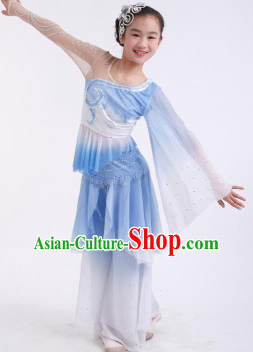 Traditional Chinese Folk Dance Fan Dance Blue Veil Clothing Yangko Dance Stage Show Costume for Kids