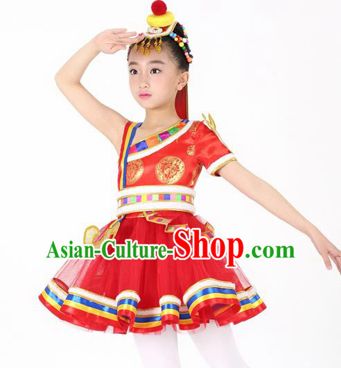 Traditional Chinese Child Zang Nationality Red Short Dress Ethnic Minority Folk Dance Costume for Kids