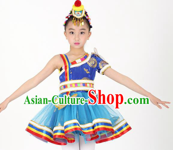 Traditional Chinese Child Zang Nationality Blue Short Dress Ethnic Minority Folk Dance Costume for Kids