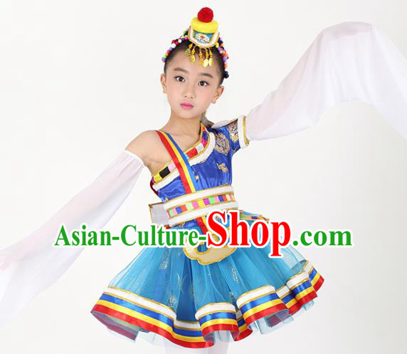 Traditional Chinese Child Zang Nationality Blue Short Dress Ethnic Minority Folk Dance Costume for Kids