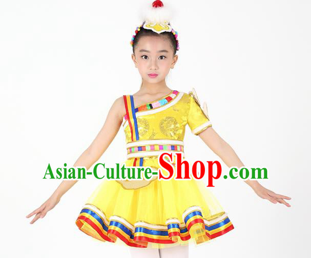 Traditional Chinese Child Zang Nationality Yellow Short Dress Ethnic Minority Folk Dance Costume for Kids