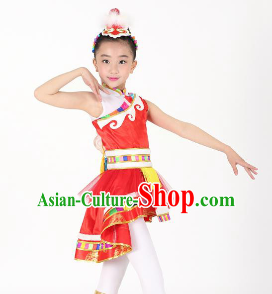 Traditional Chinese Child Zang Nationality Red Veil Short Dress Ethnic Minority Folk Dance Costume for Kids