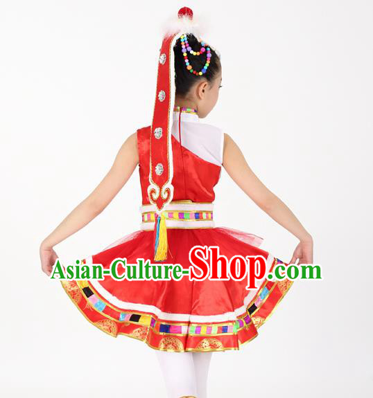 Traditional Chinese Child Zang Nationality Red Veil Short Dress Ethnic Minority Folk Dance Costume for Kids