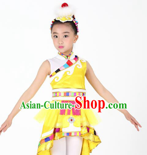 Traditional Chinese Child Zang Nationality Yellow Veil Short Dress Ethnic Minority Folk Dance Costume for Kids