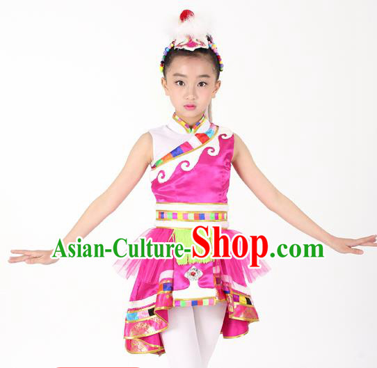 Traditional Chinese Child Zang Nationality Rosy Veil Short Dress Ethnic Minority Folk Dance Costume for Kids