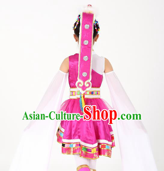 Traditional Chinese Child Zang Nationality Rosy Veil Short Dress Ethnic Minority Folk Dance Costume for Kids