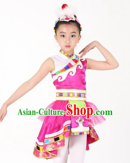 Traditional Chinese Child Zang Nationality Rosy Veil Short Dress Ethnic Minority Folk Dance Costume for Kids