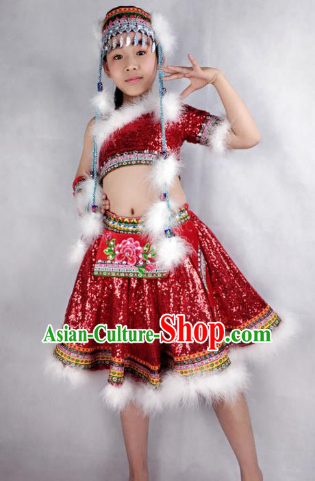 Traditional Chinese Child Mongol Nationality Red Short Skirt Ethnic Minority Folk Dance Costume for Kids