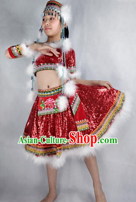 Traditional Chinese Child Mongol Nationality Red Short Skirt Ethnic Minority Folk Dance Costume for Kids