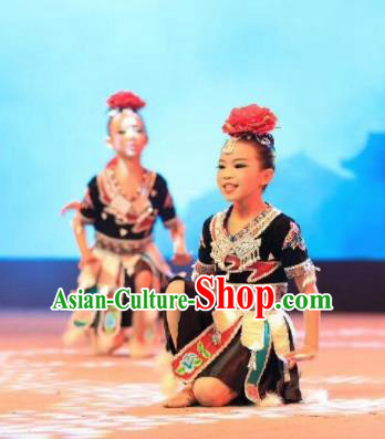 Traditional Chinese Child Dong Nationality Black Short Skirt Ethnic Minority Folk Dance Costume for Kids