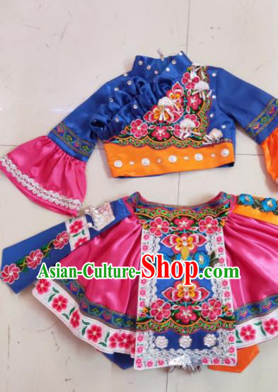 Traditional Chinese Child Yi Nationality Royalblue Short Skirt Ethnic Minority Folk Dance Costume for Kids