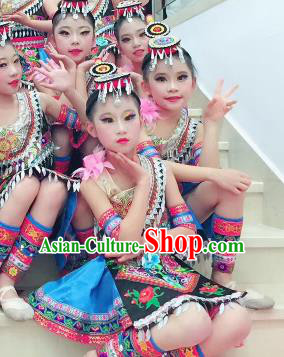 Traditional Chinese Child She Nationality Blue Short Skirt Ethnic Minority Folk Dance Costume for Kids