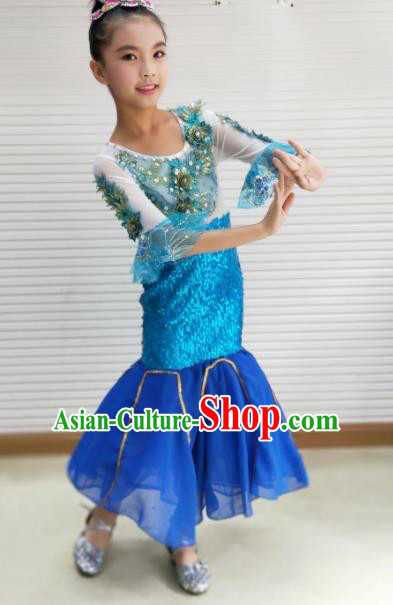 Traditional Chinese Child Dai Nationality Blue Dress Ethnic Minority Folk Dance Costume for Kids