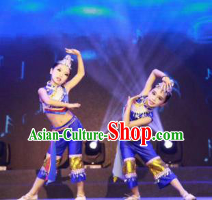 Traditional Chinese Child Yi Nationality Blue Dress Ethnic Minority Folk Dance Costume for Kids