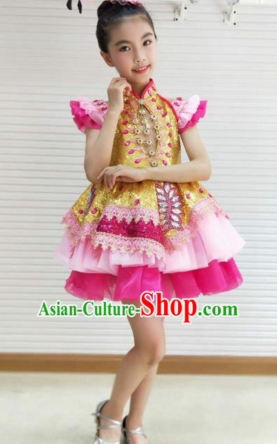 Traditional Chinese Children Opening Dance Pink Short Dress Stage Show Costume for Kids