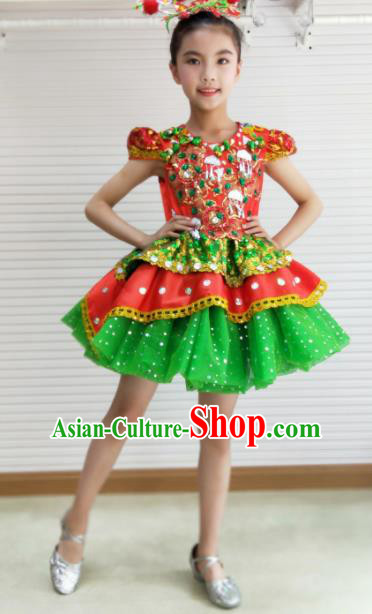 Traditional Chinese Children Opening Dance Green Short Dress Stage Show Costume for Kids