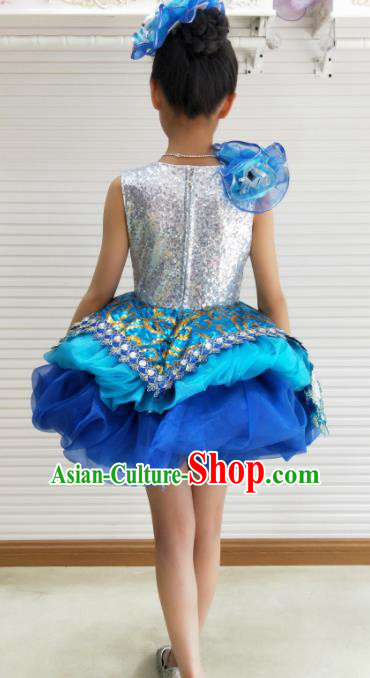 Traditional Chinese Children Opening Dance Royalblue Short Dress Stage Show Costume for Kids