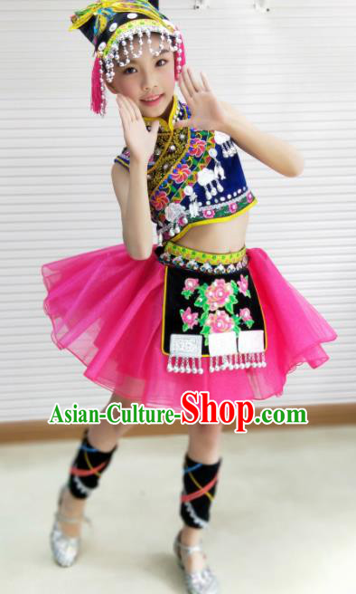 Traditional Chinese Child Yi Nationality Rosy Dress Ethnic Minority Folk Dance Costume for Kids