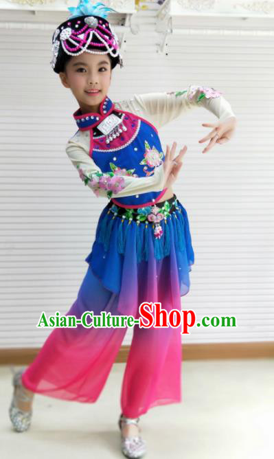 Traditional Chinese Folk Dance Spring Festival Fan Dance Blue Outfits Yangko Dance Stage Show Costume for Kids