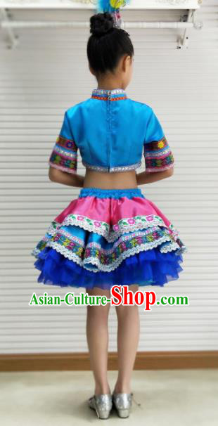 Traditional Chinese Child Yi Nationality Blue Skirt Ethnic Minority Folk Dance Costume for Kids