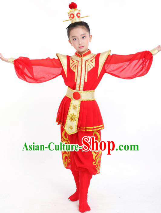 Traditional Chinese Children Classical Dance Hua Mulan Red Clothing Stage Show Costume for Kids