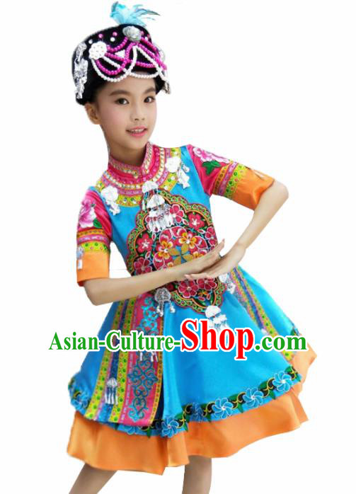 Traditional Chinese Child Mosuo Nationality Blue Dress Ethnic Minority Folk Dance Costume for Kids
