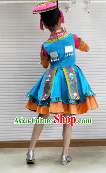 Traditional Chinese Child Mosuo Nationality Blue Dress Ethnic Minority Folk Dance Costume for Kids